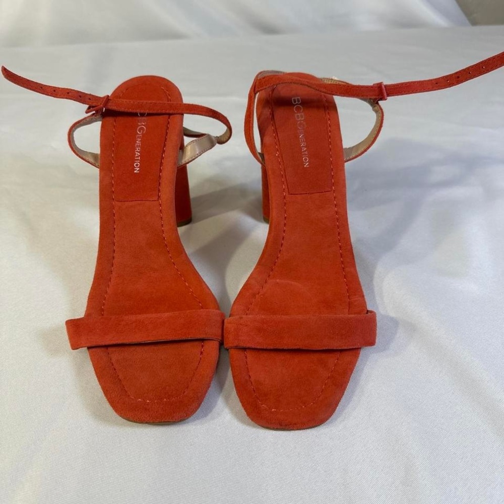 PCB generation orange suede, black heels sandals